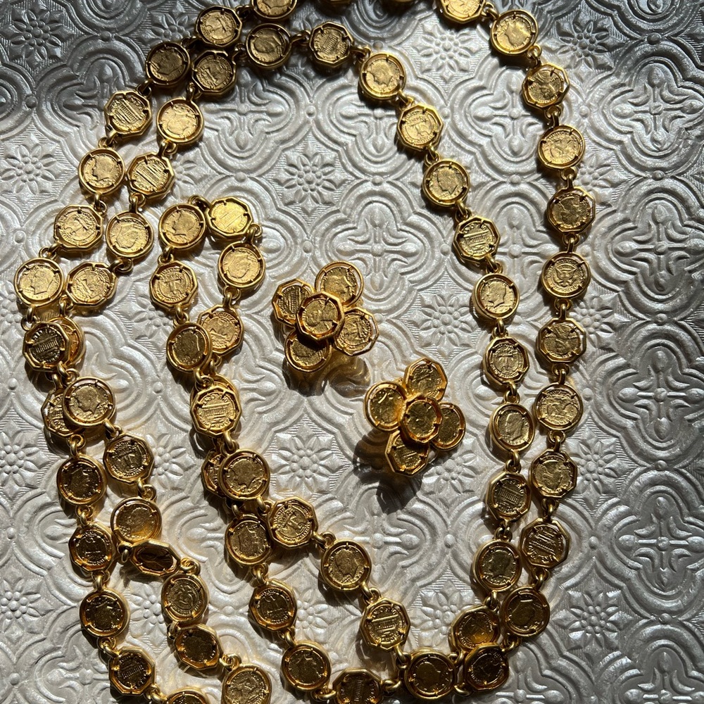 Vintage collection Gold Coin Necklace and clip on earrings set
